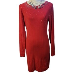 Vintage Bebe Red Long Sleeve Sweater Dress With Silver Rhinestones Size Large